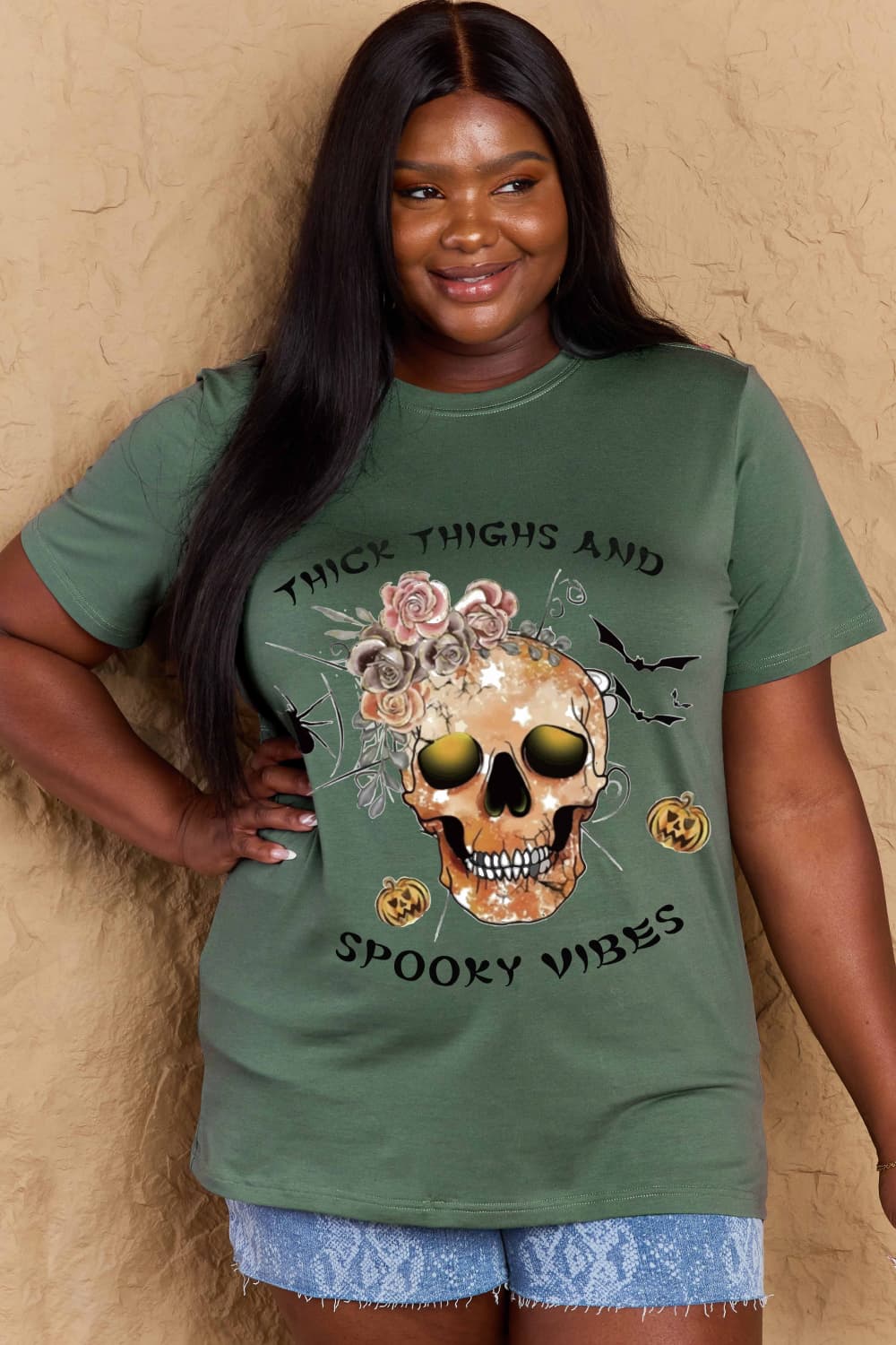 Simply Love Full Size THICK THIGHS AND SPOOKY VIBES Graphic Cotton T-Shirt - Trendy AF