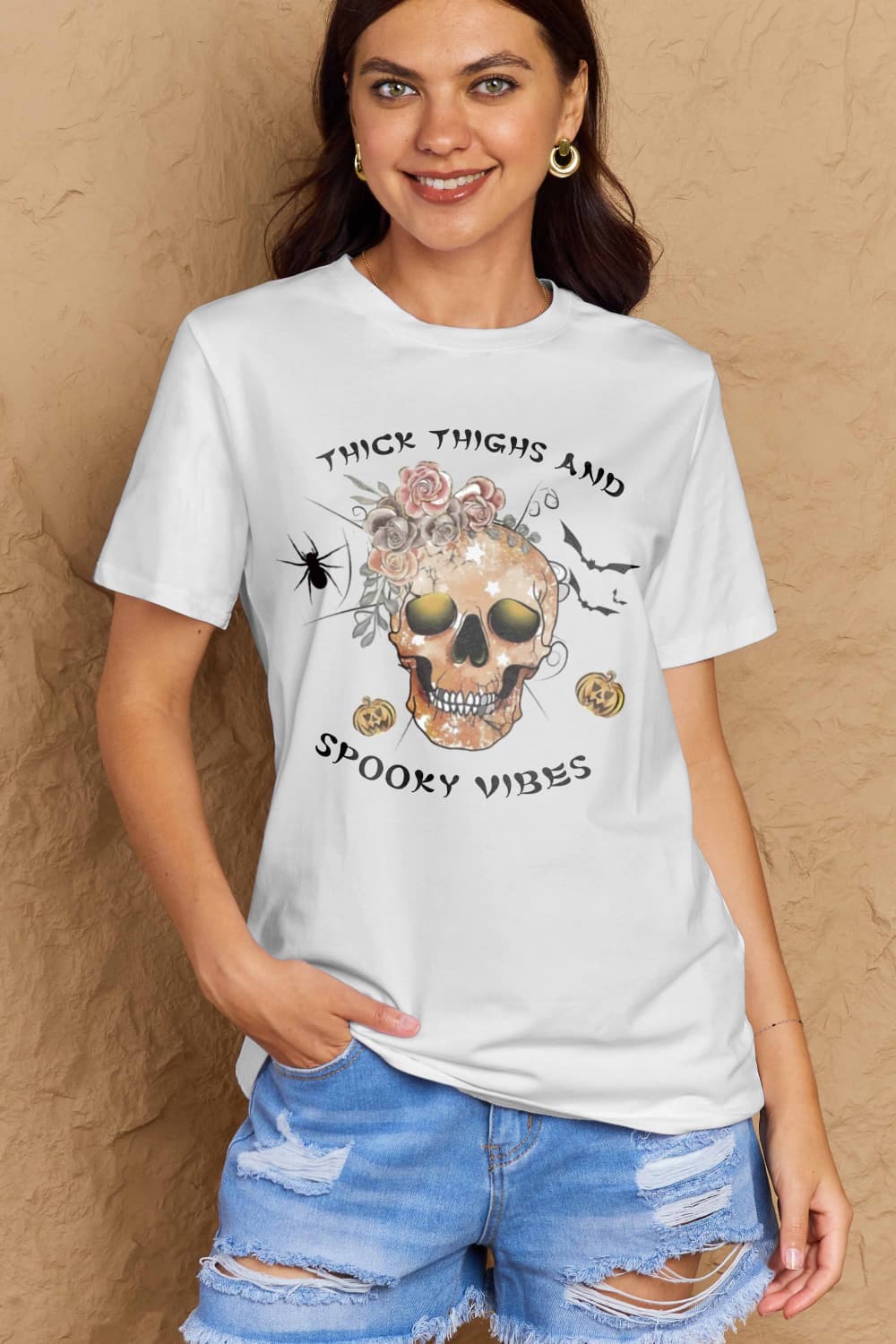 Simply Love Full Size THICK THIGHS AND SPOOKY VIBES Graphic Cotton T-Shirt - Trendy AF