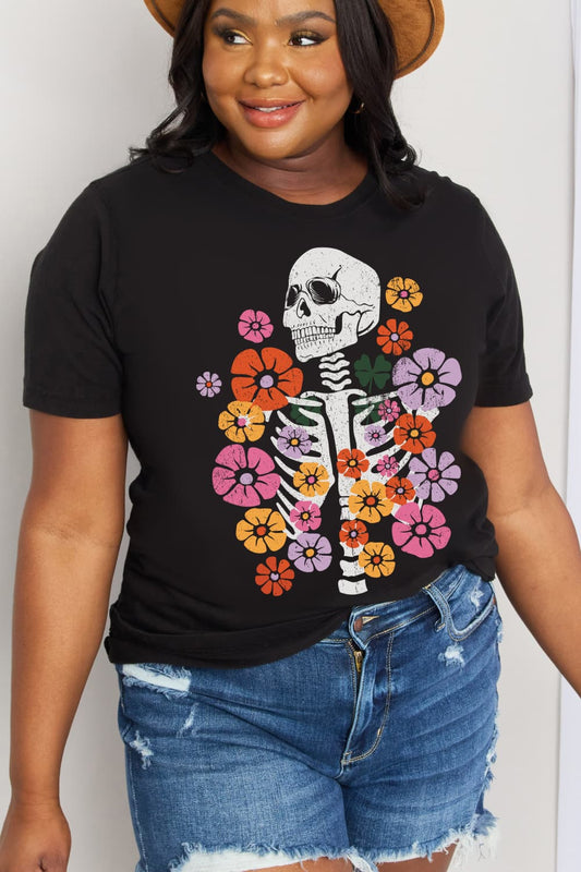 Simply Love Simply Love Full Size Skeleton & Flower Graphic Cotton Tee - Trendy AF