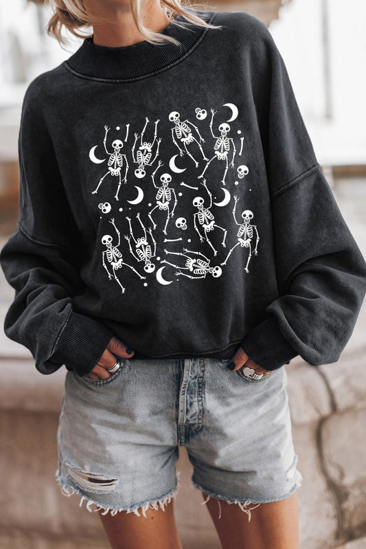 Skeleton Graphic Round Neck Long Sleeve Sweatshirt - Trendy AF