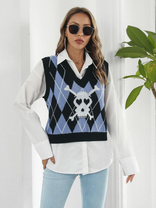 Skull Geometric V - Neck Sweater Vest - Trendy AF