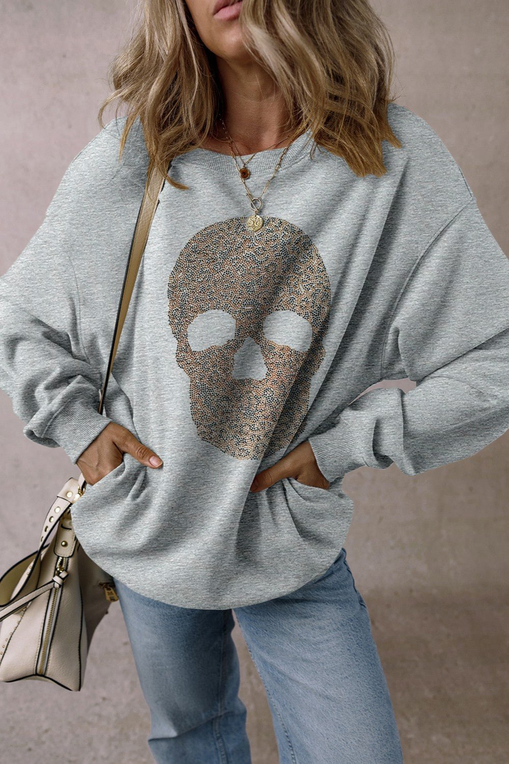 Skull Round Neck Long Sleeve Sweatshirt - Trendy AF