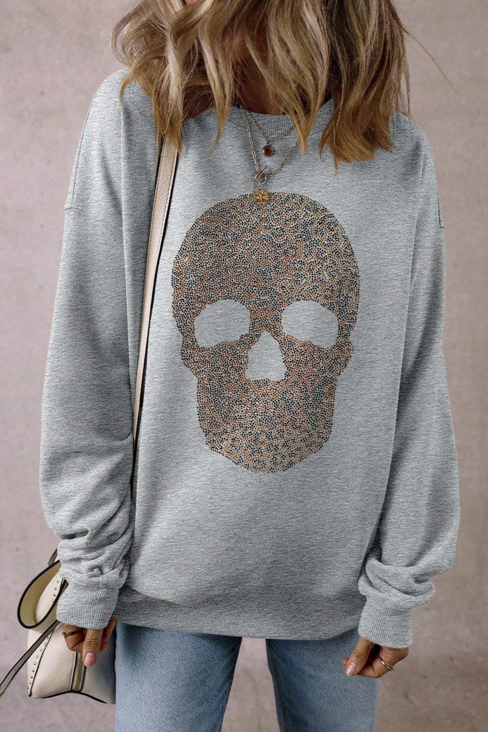 Skull Round Neck Long Sleeve Sweatshirt - Trendy AF