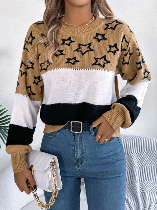 Star Contrast Round Neck Sweater - Trendy AF