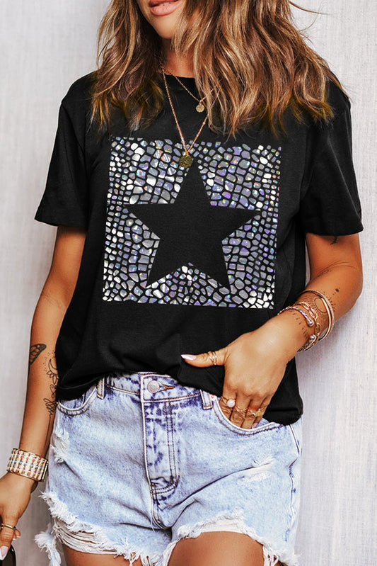 Star Round Neck Short Sleeve T-Shirt - Trendy AF