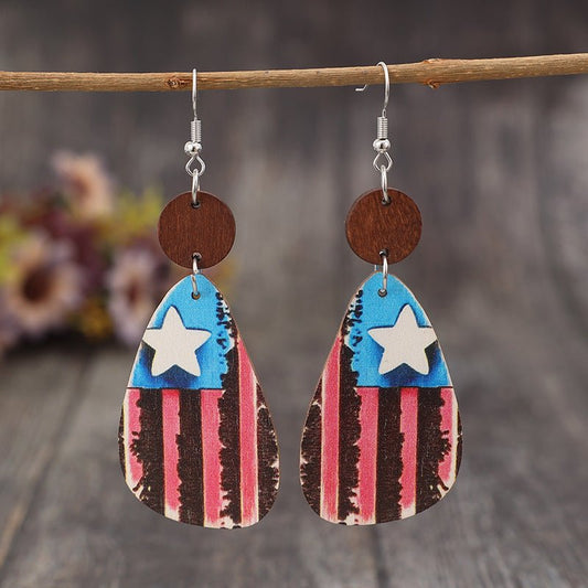 Star & Stripes Wooden Dangle Earrings - Trendy AF