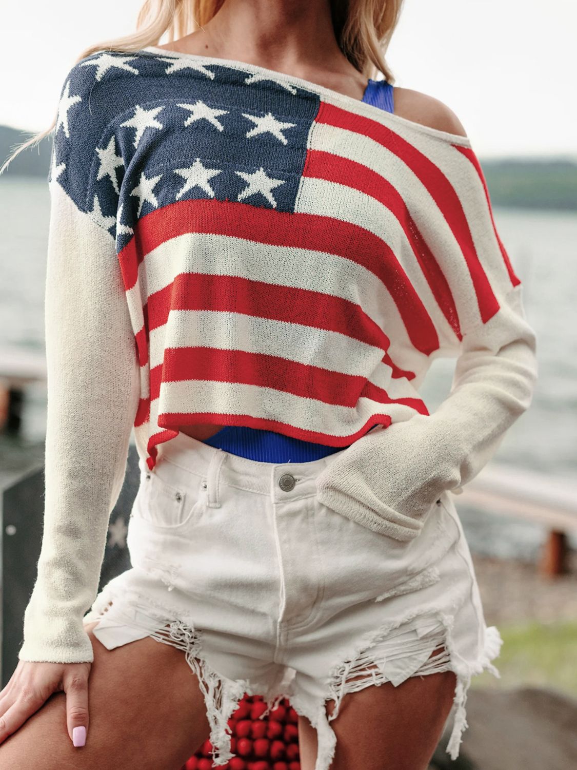 US Flag Boat Neck Long Sleeve Knit Top - Trendy AF