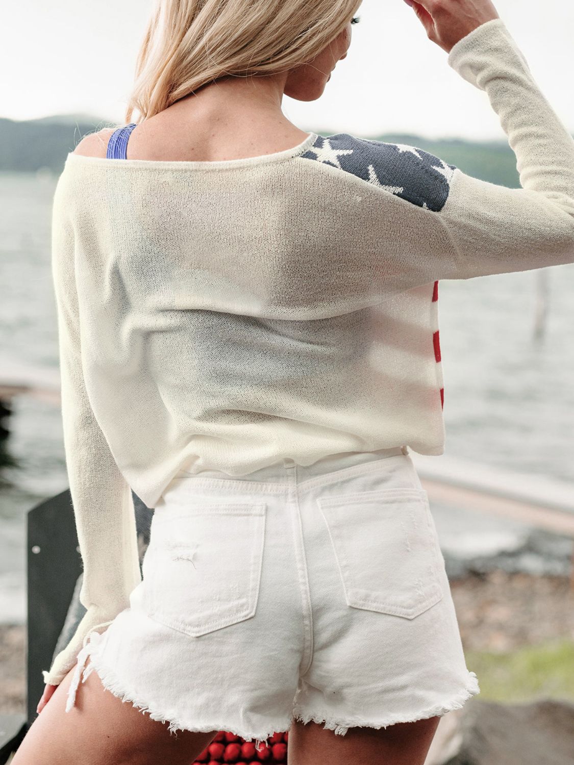 US Flag Boat Neck Long Sleeve Knit Top - Trendy AF