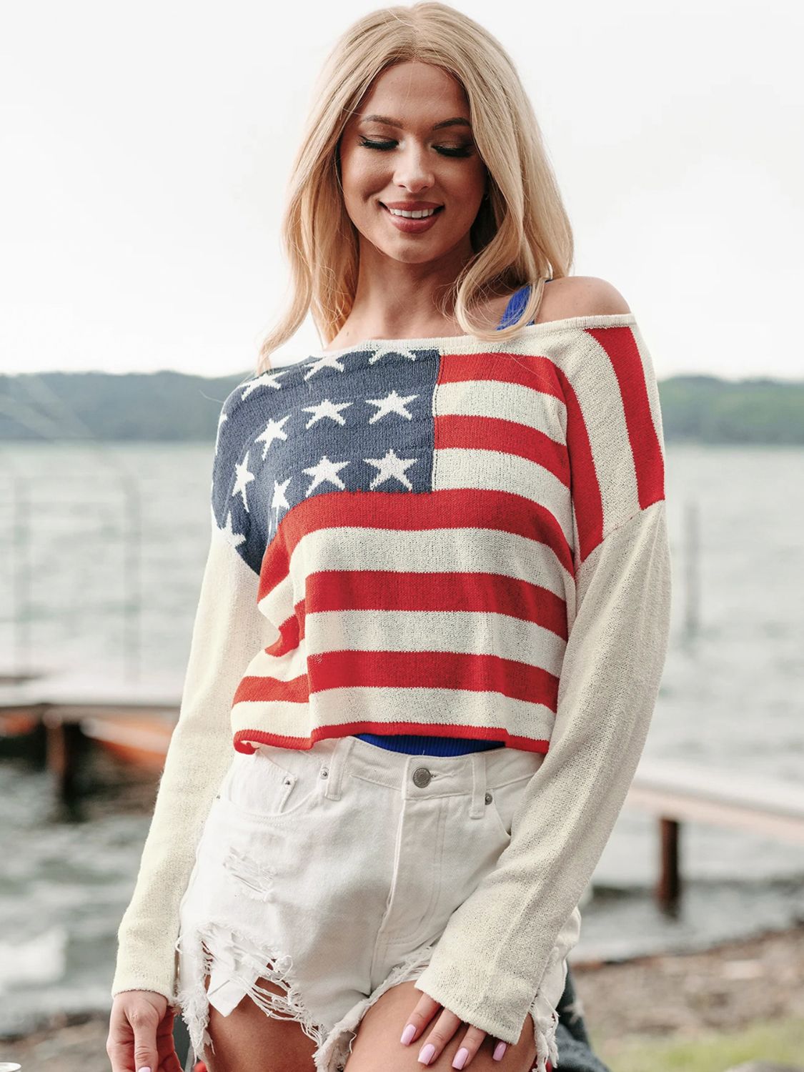 US Flag Boat Neck Long Sleeve Knit Top - Trendy AF