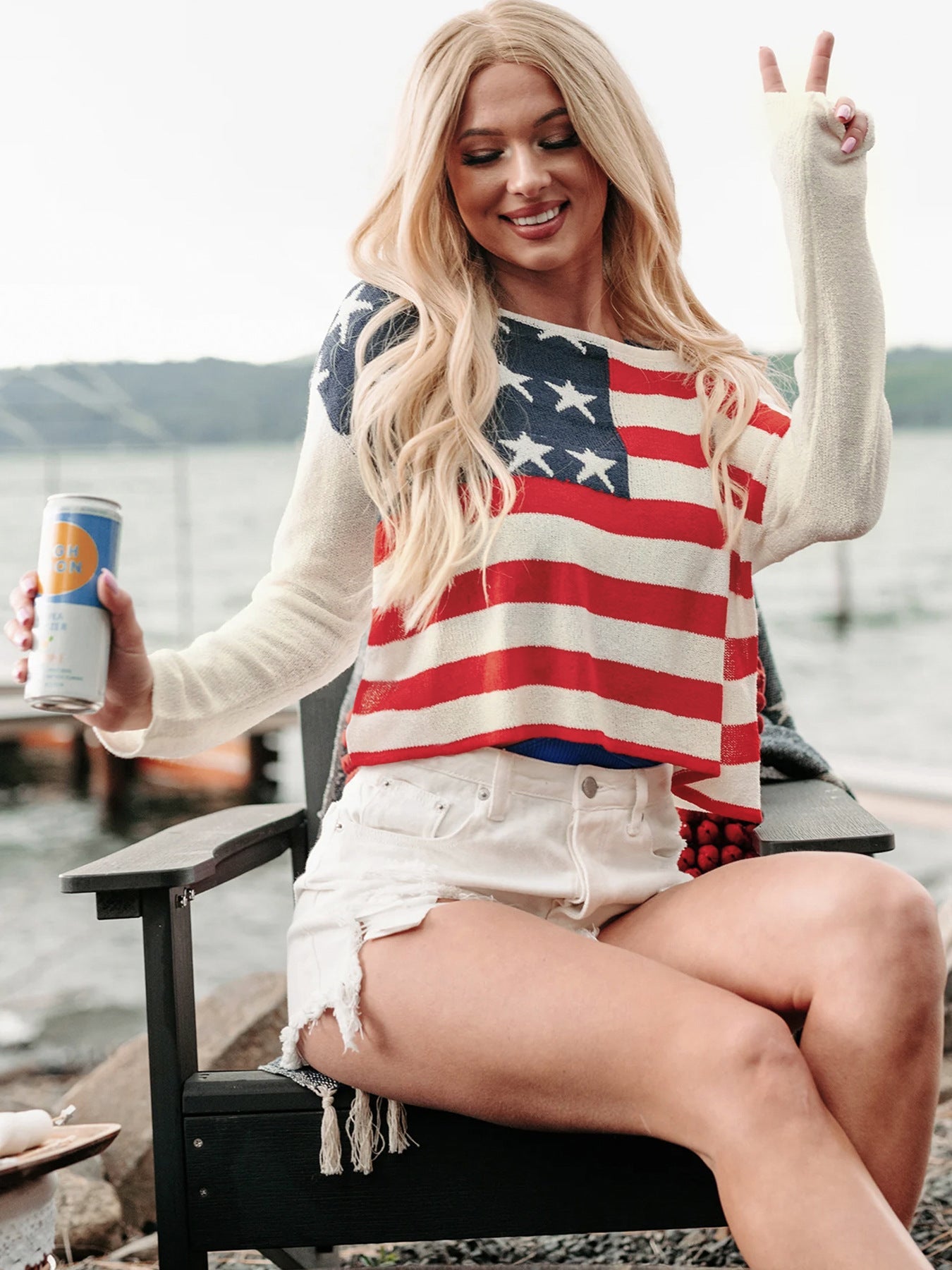 US Flag Boat Neck Long Sleeve Knit Top - Trendy AF