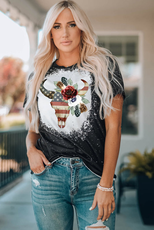 US Flag Bull Graphic Round Neck Tee - Trendy AF