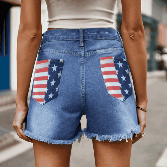 US Flag Distressed Denim Shorts - Trendy AF