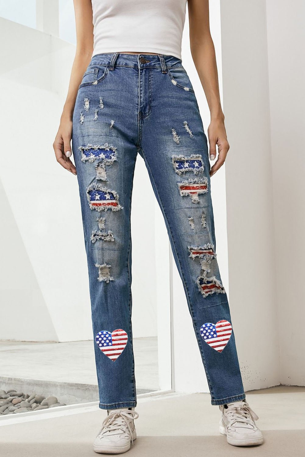 US Flag Distressed Straight Jeans - Trendy AF