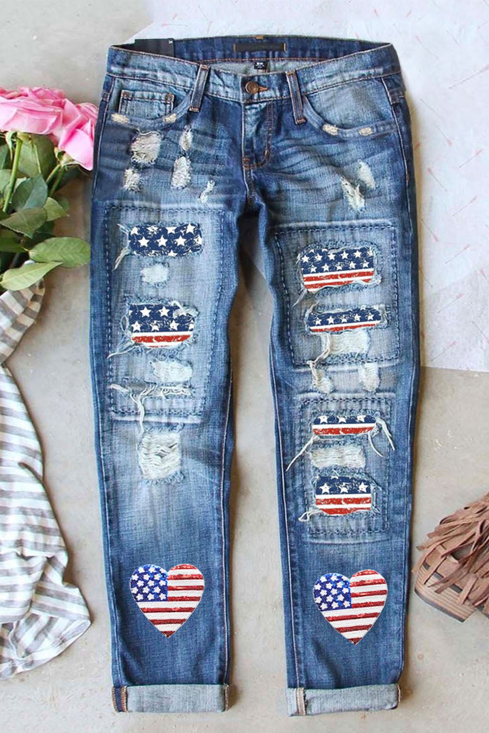 US Flag Distressed Straight Jeans - Trendy AF