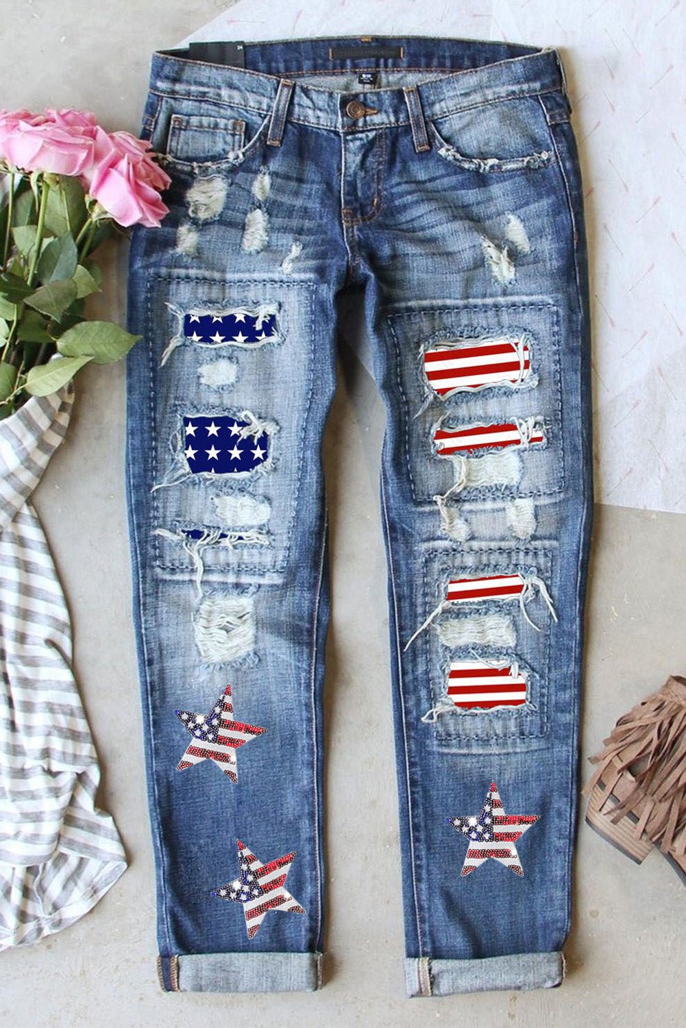 US Flag Mid - Rise Waist Straight Jeans - Trendy AF