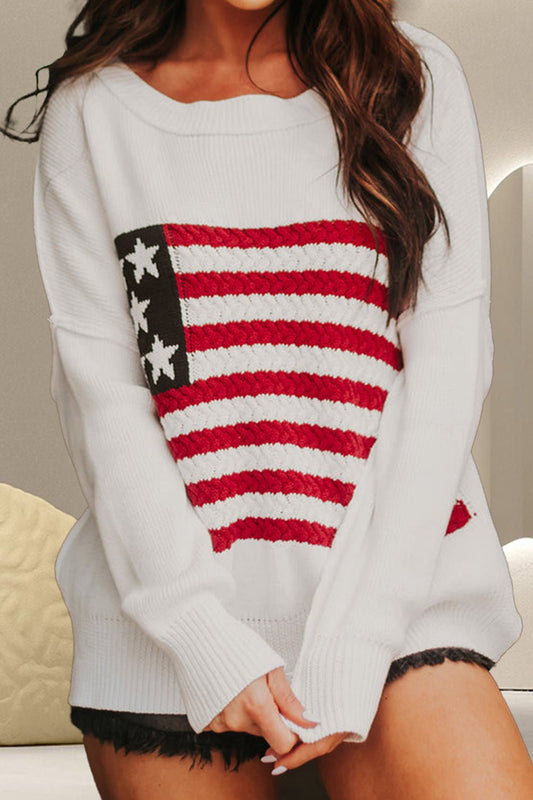 US Flag Round Neck Long Sleeve Knit Top - Trendy AF