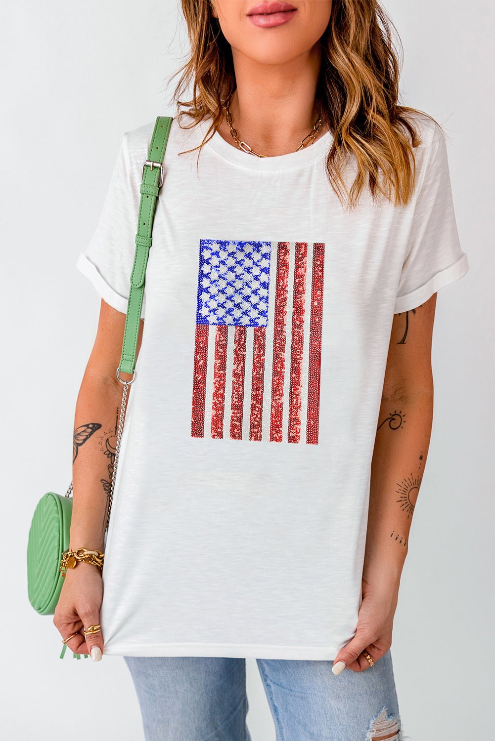 US Flag Round Neck Short Sleeve T-Shirt - Trendy AF