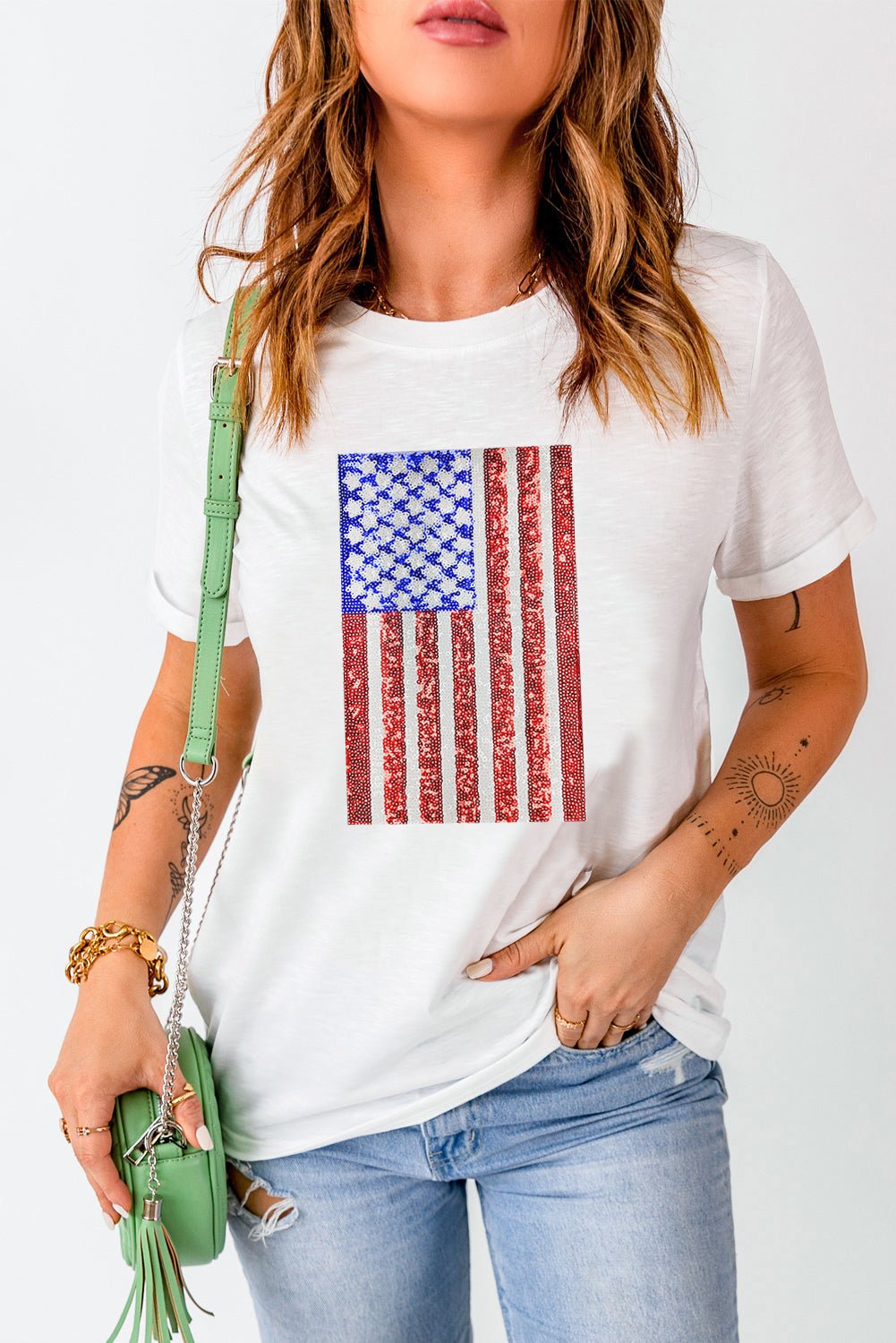 US Flag Round Neck Short Sleeve T-Shirt - Trendy AF