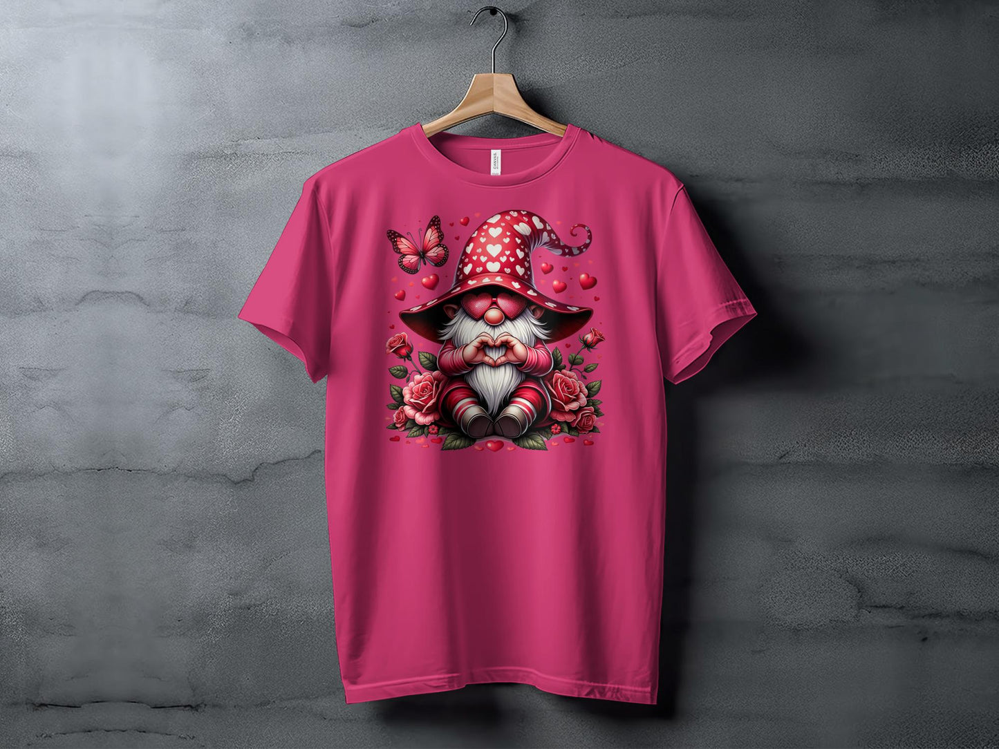 Whimsical Love Gnome T-Shirt, Valentine's Day Hearts and Roses, Cute Gnome with Butterfly Graphic Tee, Romantic Gift Idea - Trendy AF