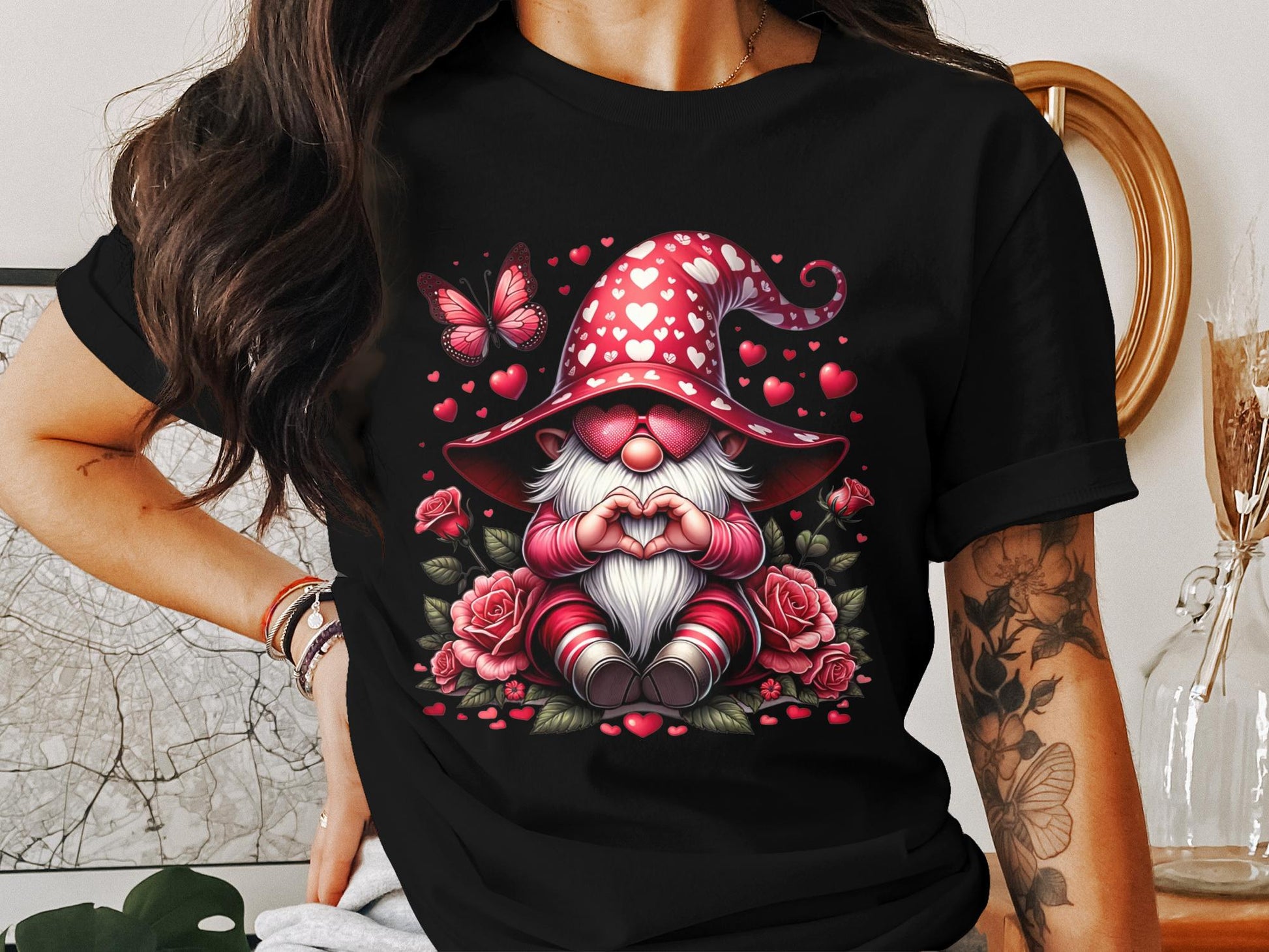 Whimsical Love Gnome T-Shirt, Valentine's Day Hearts and Roses, Cute Gnome with Butterfly Graphic Tee, Romantic Gift Idea - Trendy AF