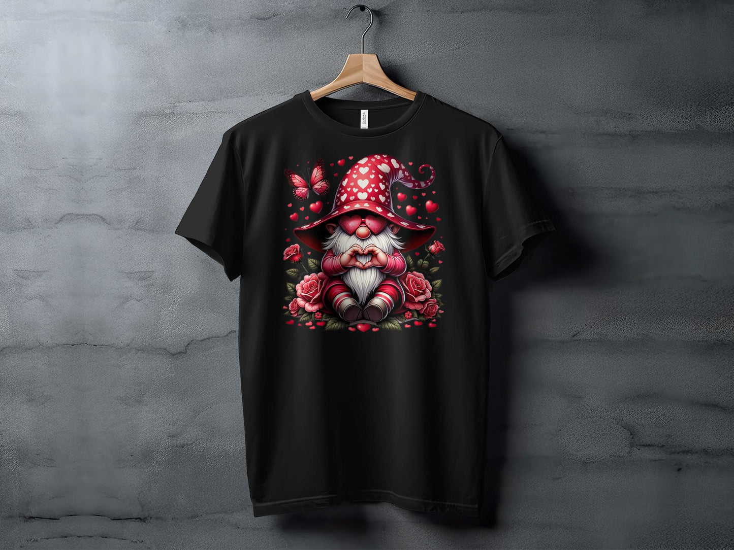 Whimsical Love Gnome T-Shirt, Valentine's Day Hearts and Roses, Cute Gnome with Butterfly Graphic Tee, Romantic Gift Idea - Trendy AF